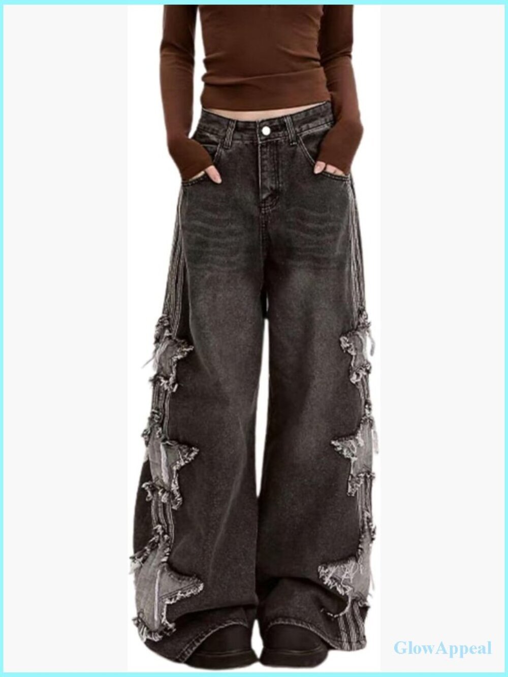 Baggy Patchwork Star Denim Jeans Y2K High Waisted Wide Leg Grunge Aesthetic
